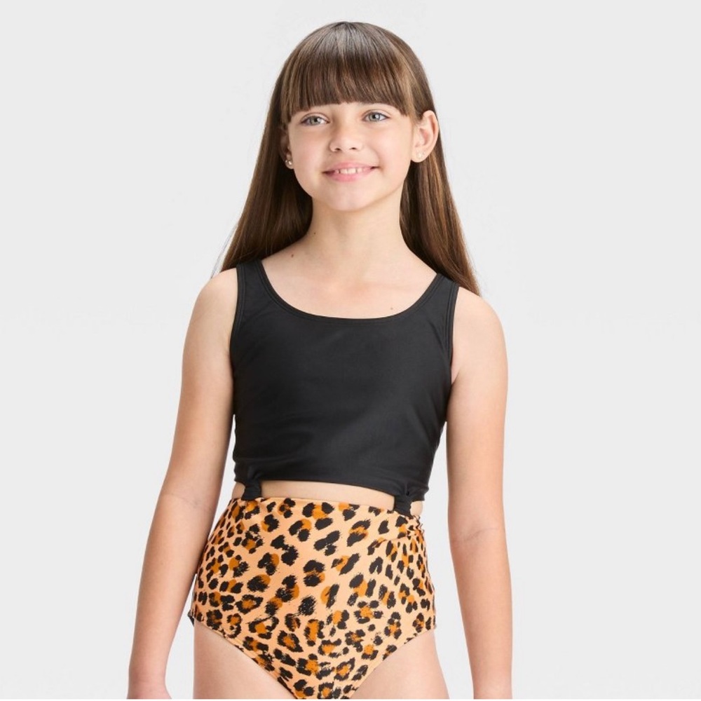 Girls leopard print knotted one piece swimsuit